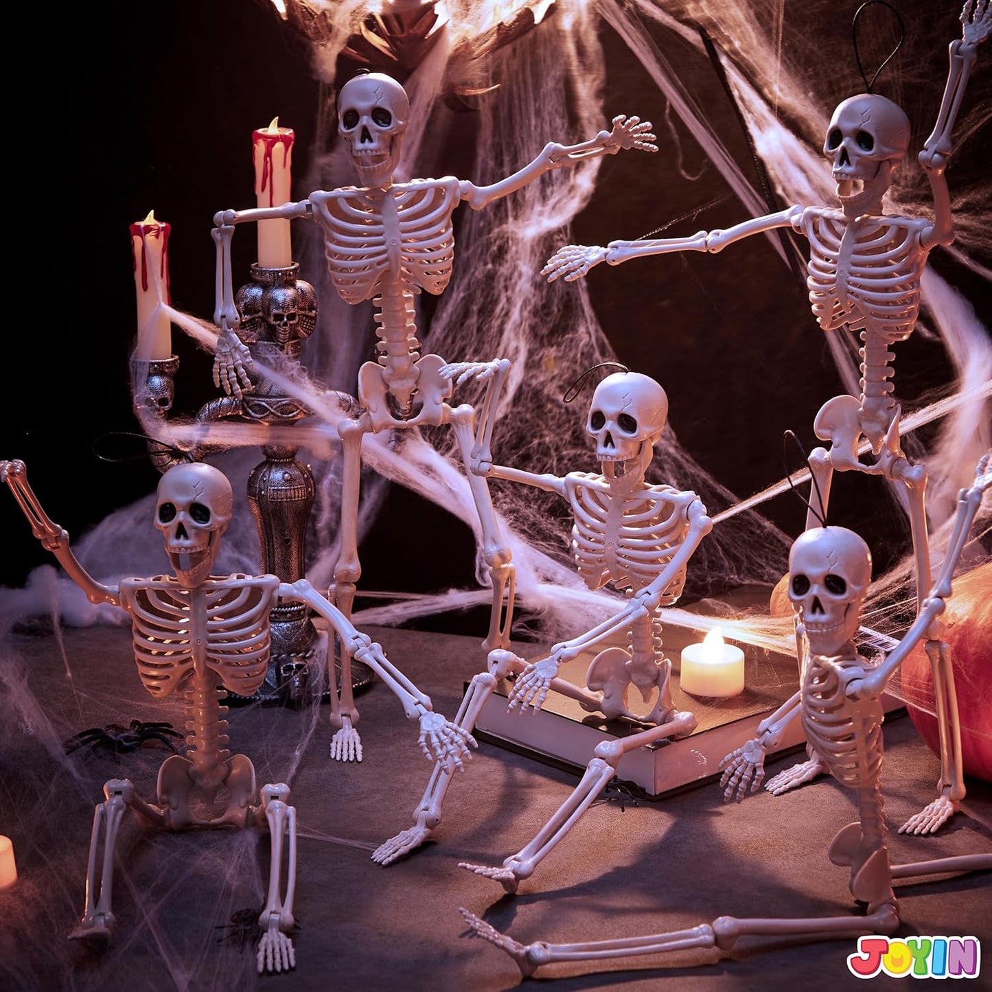 5 PCS Posable Halloween Skeleton Decor 16 Inches, Full Body Posable Joints Hanging Skeletons for Halloween Decorations