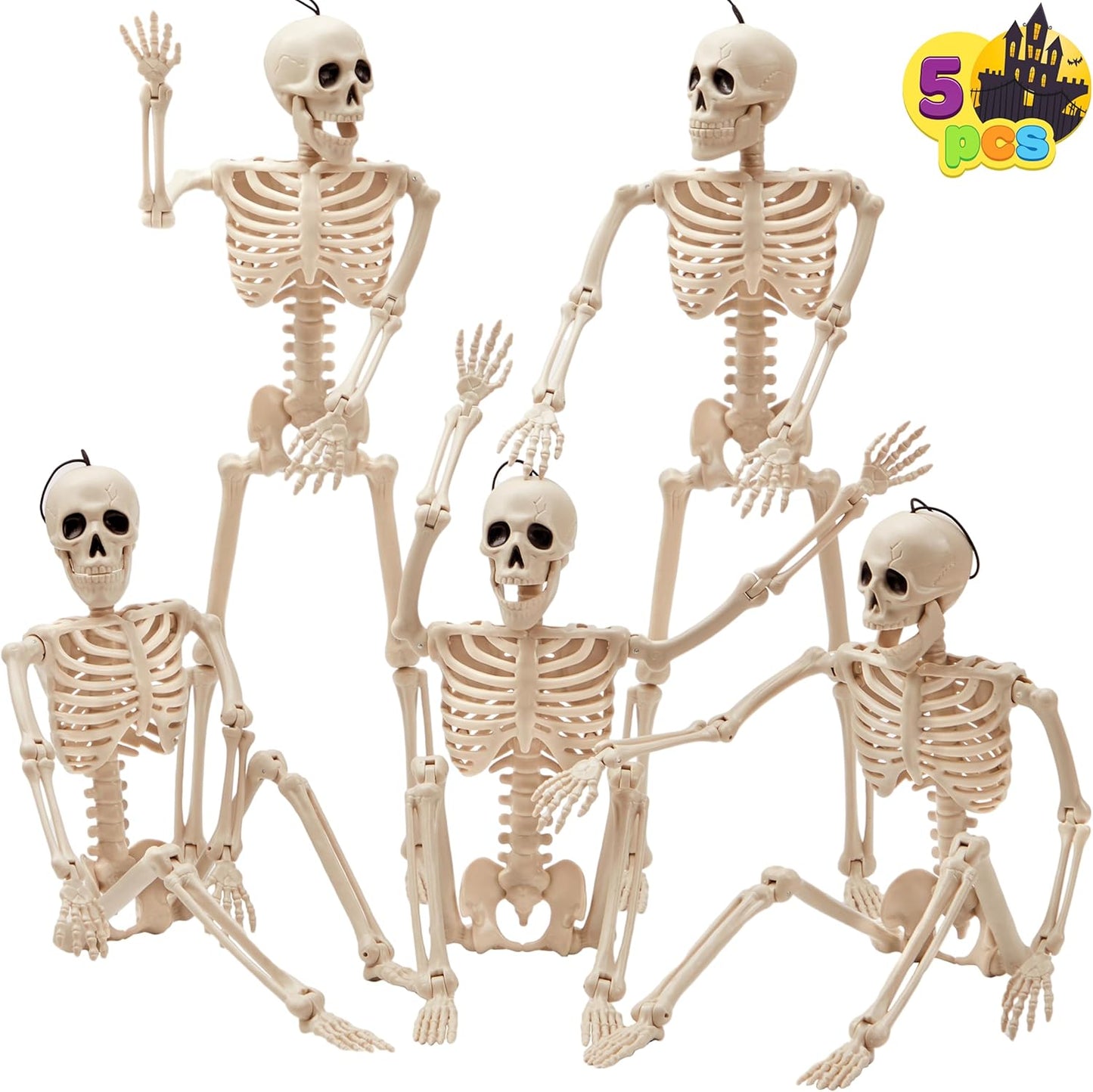 5 PCS Posable Halloween Skeleton Decor 16 Inches, Full Body Posable Joints Hanging Skeletons for Halloween Decorations